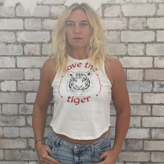 One-of-a-kind Save the Tiger World Wildlife Fund graphic Racerback Unwantee tank top front view, upcycled, sustainable, made in Britain