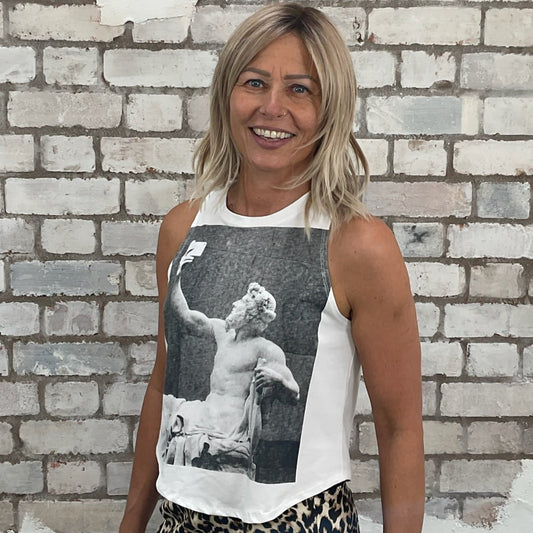 One-of-a-kind Selfie Generation graphic Racerback Unwantee tank top side view, upcycled, sustainable, made in Britain