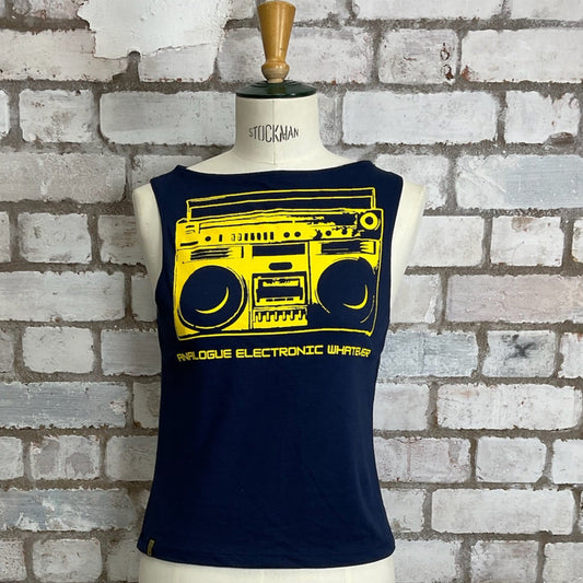 One-of-a-kind Stereo System 1980s style graphic Slash Neck Unwantee tank top front view, upcycled, sustainable, made in Britain