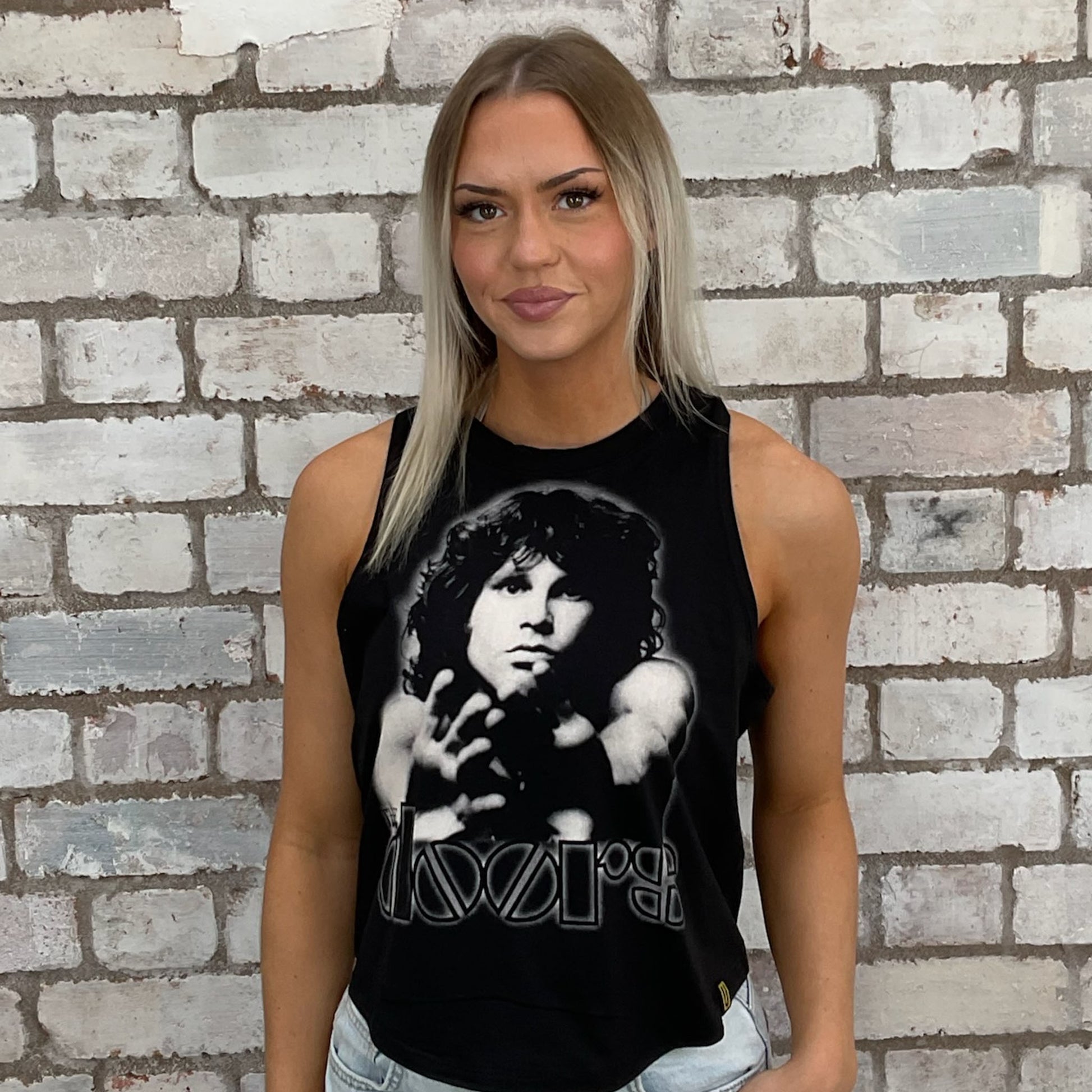 One-of-a-kind The Doors Jim Morrison graphic Racerback Unwantee tank top front view, upcycled, sustainable, made in Britain