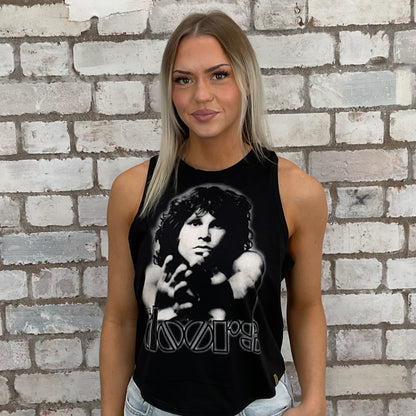 One-of-a-kind The Doors Jim Morrison graphic Racerback Unwantee tank top front view, upcycled, sustainable, made in Britain
