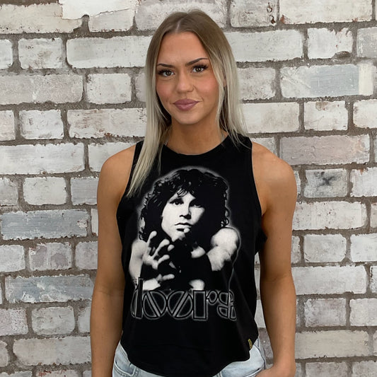 One-of-a-kind The Doors Jim Morrison graphic Racerback Unwantee tank top front view, upcycled, sustainable, made in Britain