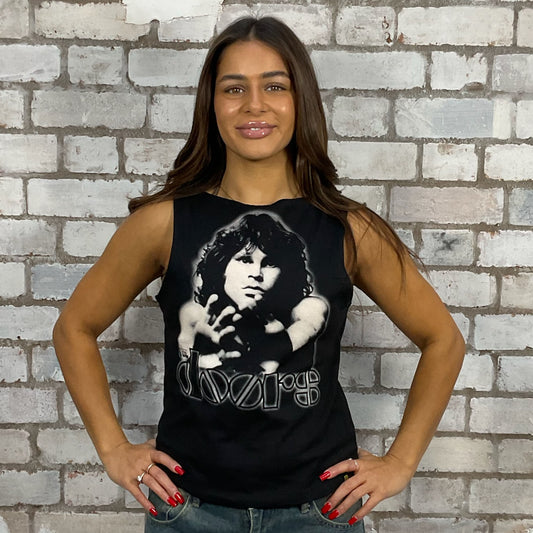 One-of-a-kind The Doors graphic Slash Neck Unwantee tank top front view, upcycled, sustainable, made in Britain