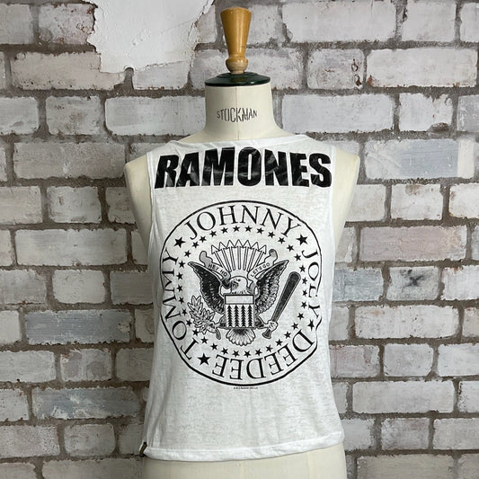 One-of-a-kind The Ramones graphic Slash Neck Unwantee tank top front view, upcycled, sustainable, made in Britain