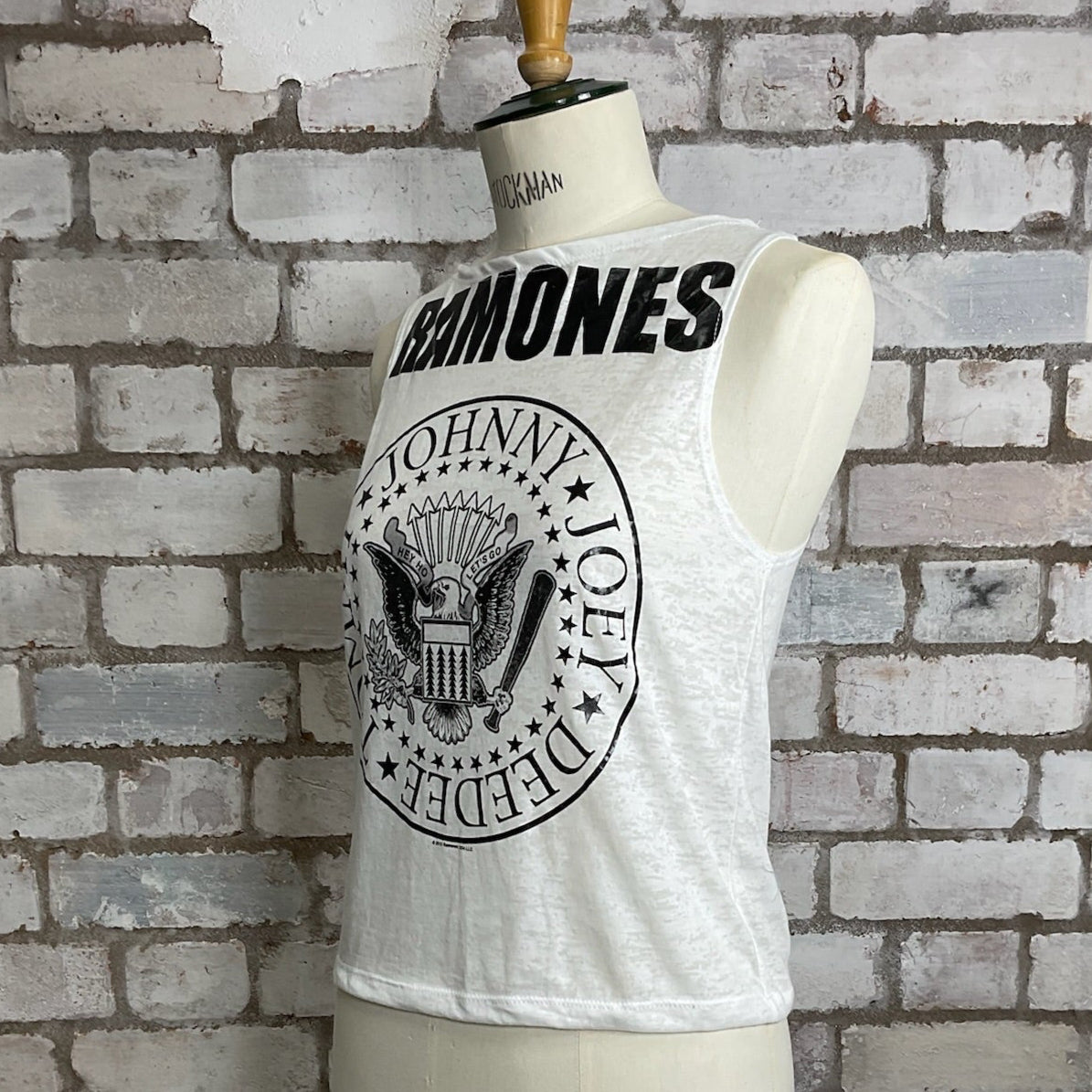 One-of-a-kind The Ramones graphic Slash Neck Unwantee tank top side view, upcycled, sustainable, made in Britain