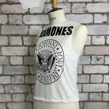 One-of-a-kind The Ramones graphic Slash Neck Unwantee tank top side view, upcycled, sustainable, made in Britain