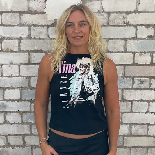 One-of-a-kind Tina Turner classic 1980s printed graphic Slash Neck Unwantee tank top front view, upcycled, sustainable, made in Britain