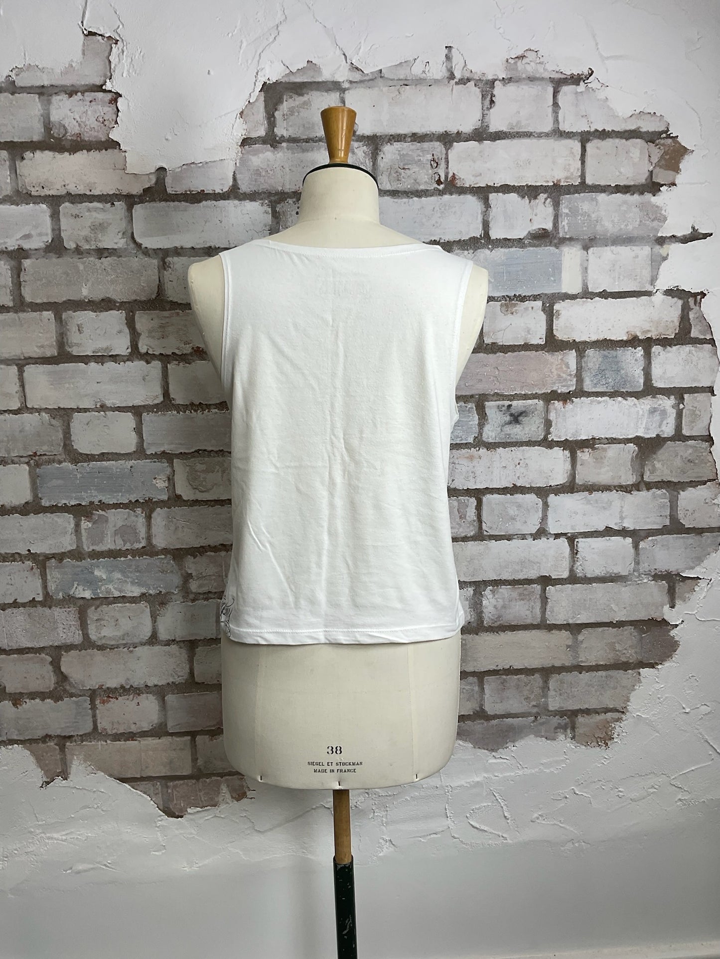 One-of-a-kind True Love Tattoo Art 2007 print graphic Slash Neck Unwantee tank top back view, upcycled, sustainable, made in Britain