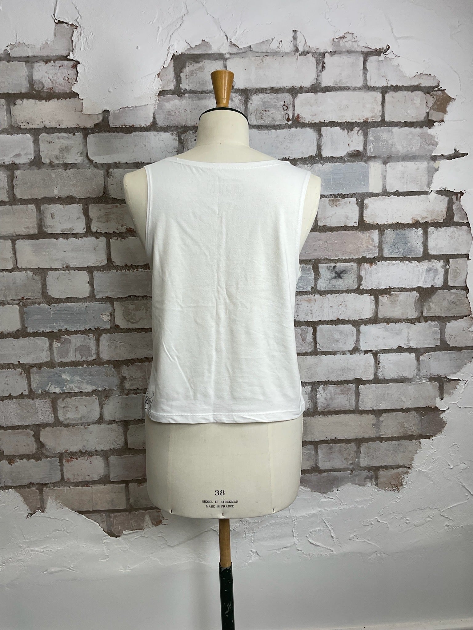 One-of-a-kind True Love Tattoo Art 2007 print graphic Slash Neck Unwantee tank top back view, upcycled, sustainable, made in Britain
