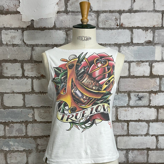 One-of-a-kind True Love Tattoo Art 2007 print graphic Slash Neck Unwantee tank top front view, upcycled, sustainable, made in Britain