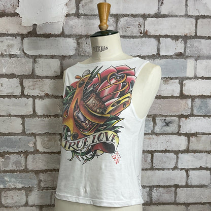 One-of-a-kind True Love Tattoo Art 2007 print graphic Slash Neck Unwantee tank top side view, upcycled, sustainable, made in Britain