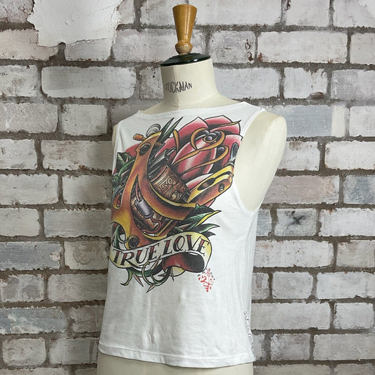 One-of-a-kind True Love Tattoo Art 2007 print graphic Slash Neck Unwantee tank top side view, upcycled, sustainable, made in Britain
