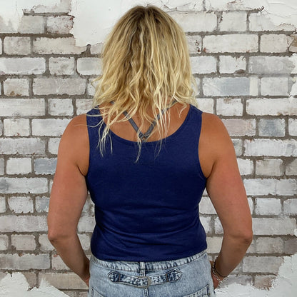 One-of-a-kind Vampire Weekend blue graphic Scoop Neck Unwantee tank top back view, upcycled, sustainable, made in Britain