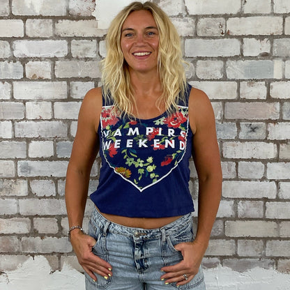 One-of-a-kind Vampire Weekend blue graphic Scoop Neck Unwantee tank top front view, upcycled, sustainable, made in Britain