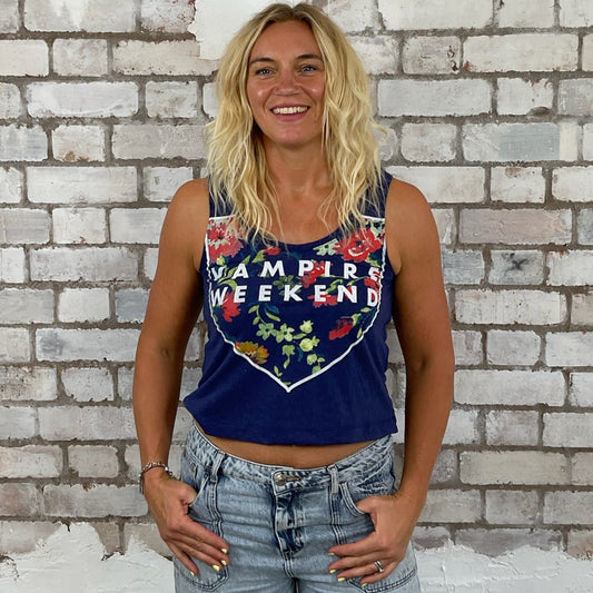 One-of-a-kind Vampire Weekend blue graphic Scoop Neck Unwantee tank top front view, upcycled, sustainable, made in Britain