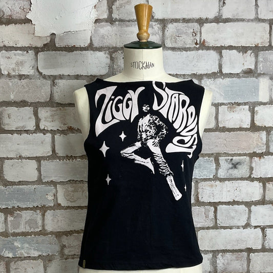 One-of-a-kind Ziggy Stardust David Bowie graphic Slash Neck Unwantee tank top front view, upcycled, sustainable, made in Britain